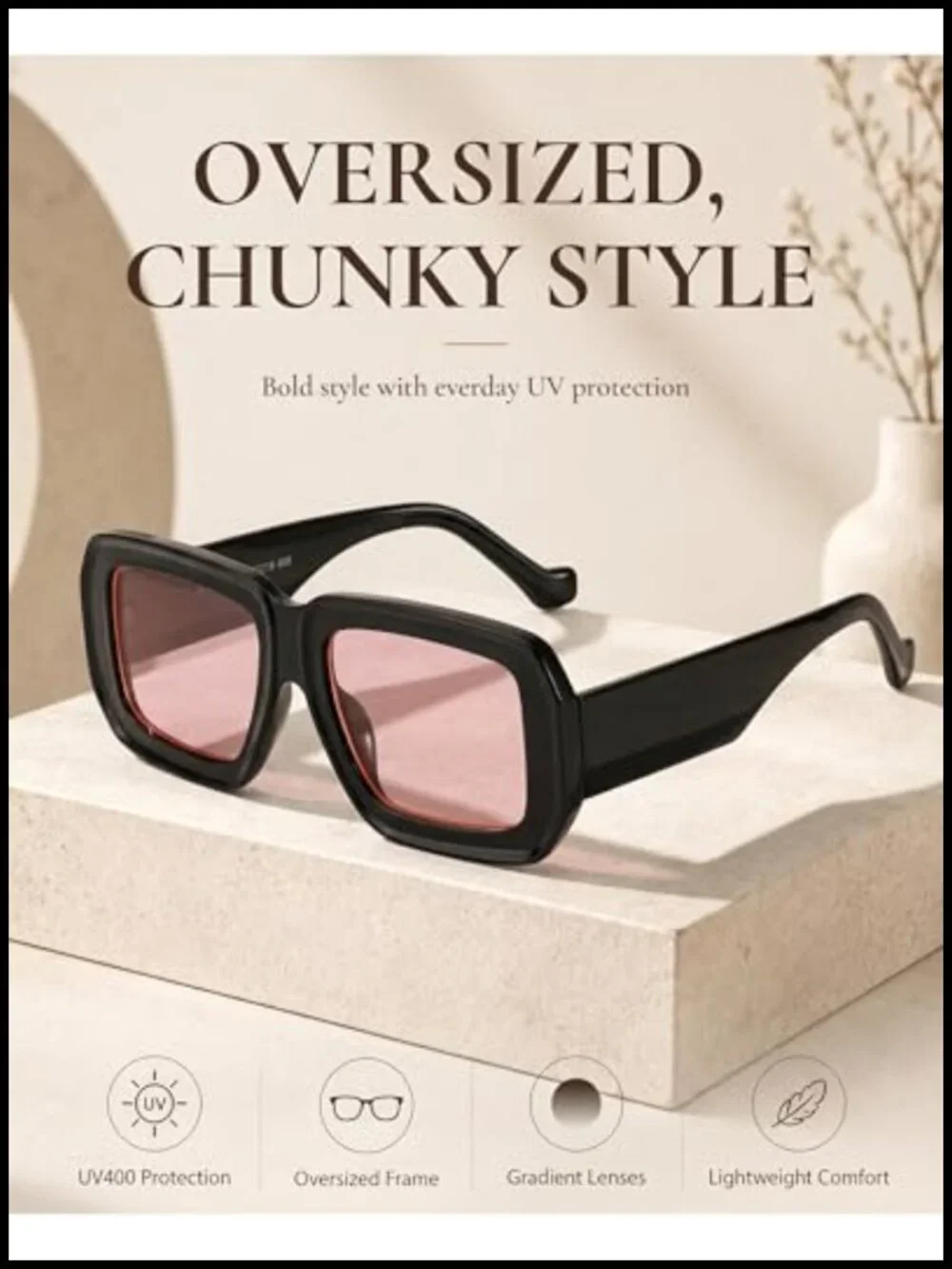 Oversized Chunky Square Sunglasses UV400 Protection Trendy Shades for Travel